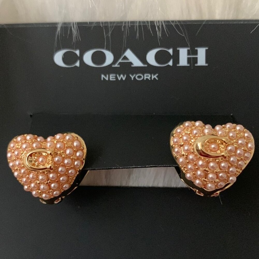 COACH Pearl Puff Heart Huggie Earrings in Gold - Picture 2 of 3
